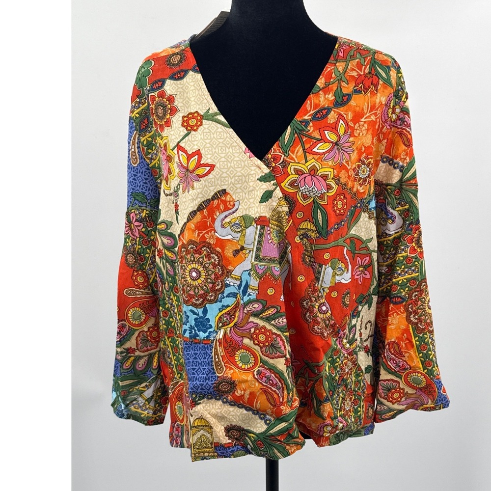 Peace & Love Patchwork Elephant Print V-Neck Blouse Orange XL U5658B Boho Top